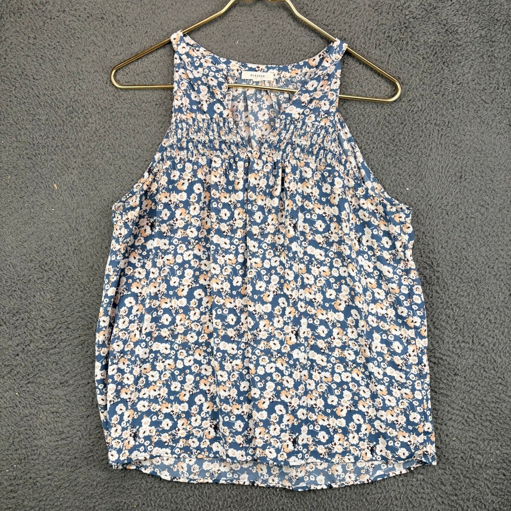 Pleione Women Blue Floral Smocked Halter Neck Sleeveless Tank Top Size Medium